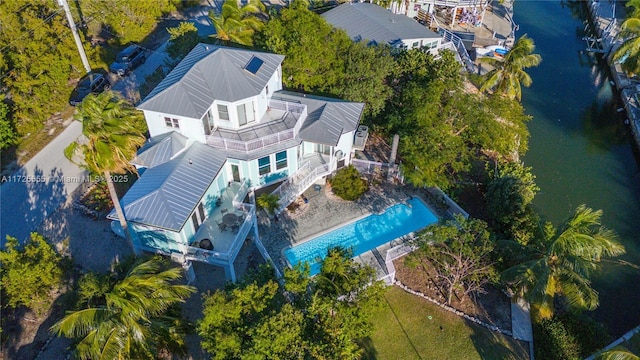 drone / aerial view featuring a water view