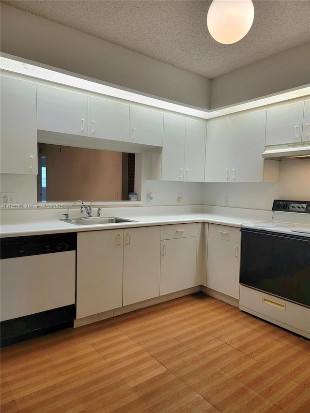 kitchen featuring sink, white cabinets, a textured ceiling, dishwasher, and electric stove