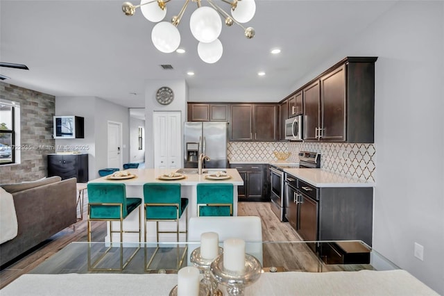 kitchen featuring backsplash, dark brown cabinetry, hanging light fixtures, a kitchen island with sink, and stainless steel appliances