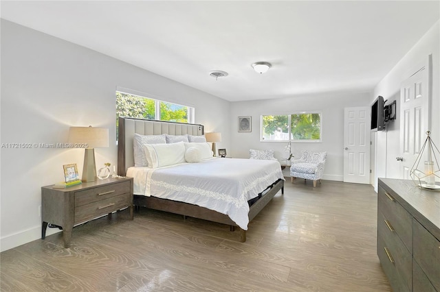 bedroom with multiple windows and hardwood / wood-style floors