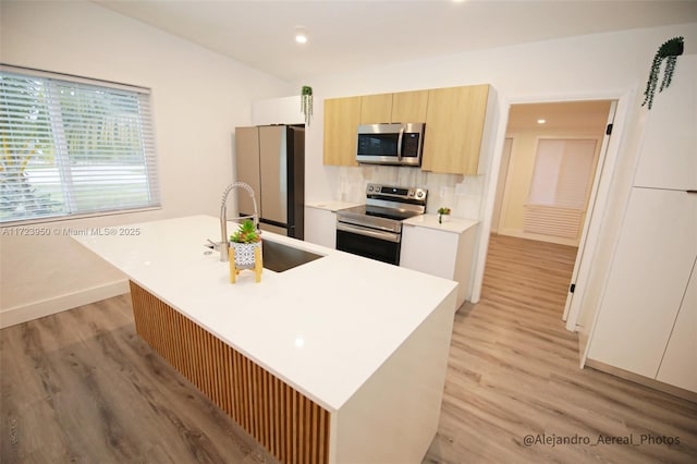 kitchen with sink, light hardwood / wood-style flooring, an island with sink, and appliances with stainless steel finishes