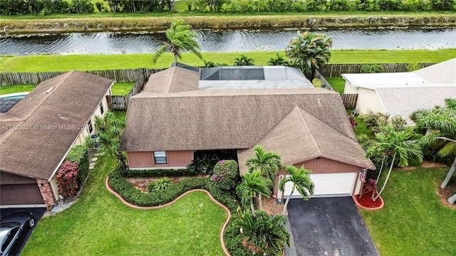 aerial view featuring a water view