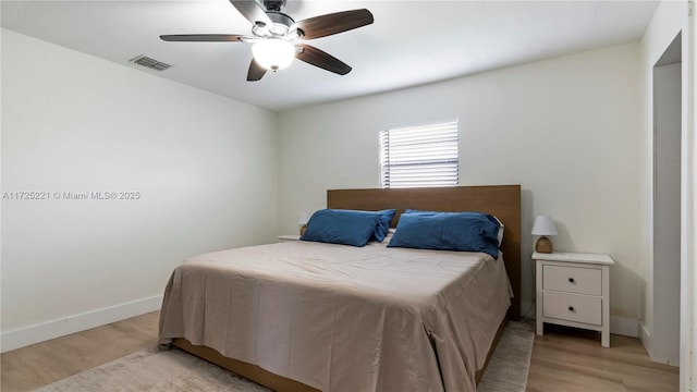 bedroom featuring ceiling fan and light hardwood / wood-style floors