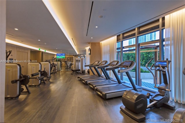 workout area featuring dark hardwood / wood-style floors