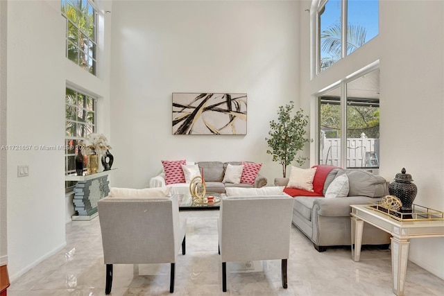 living room featuring a high ceiling