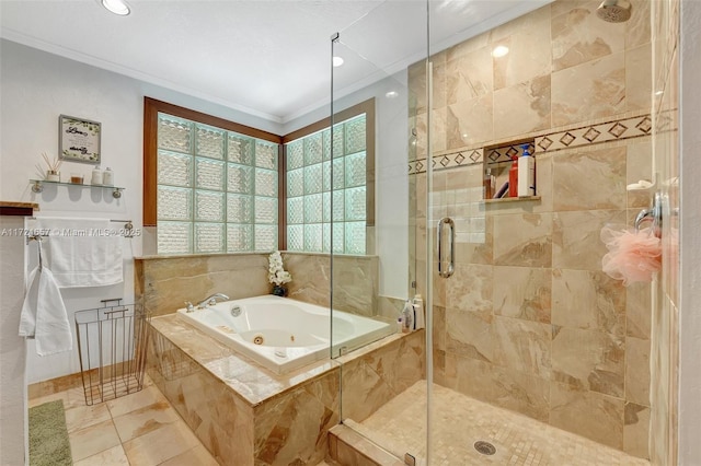 bathroom featuring crown molding, independent shower and bath, and tile patterned floors