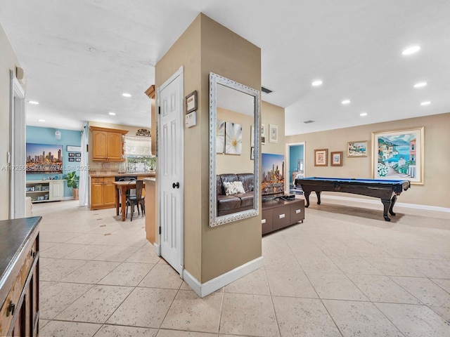 playroom with pool table and light tile patterned floors