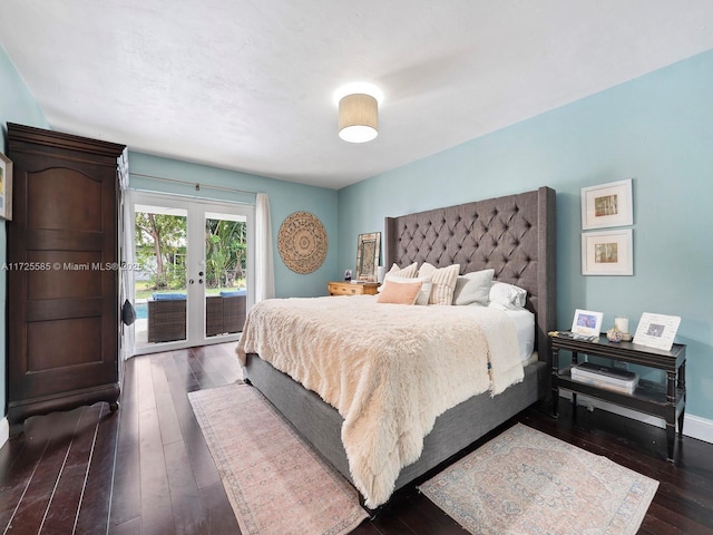 bedroom with dark wood-type flooring, french doors, and access to exterior