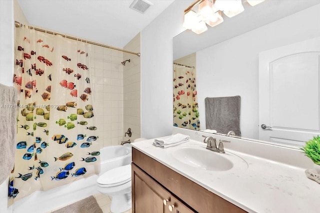 full bathroom featuring toilet, vanity, tile patterned flooring, and shower / bathtub combination with curtain