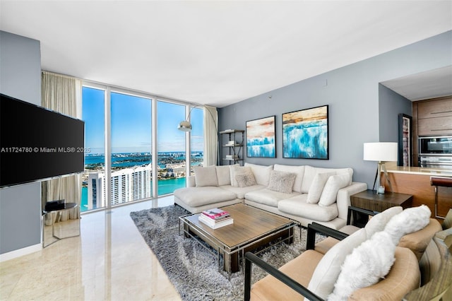 living room with a wall of windows