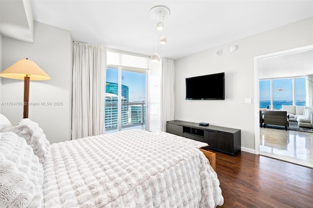 bedroom with dark hardwood / wood-style flooring and access to exterior