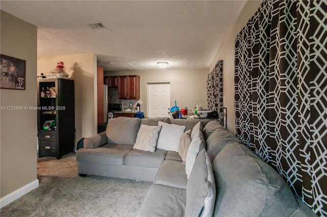 living room with a textured ceiling and carpet flooring