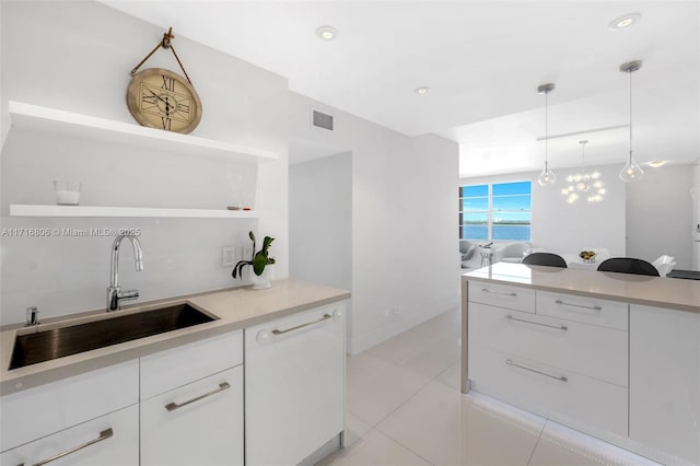 kitchen featuring white cabinetry, visible vents, open shelves, and a sink