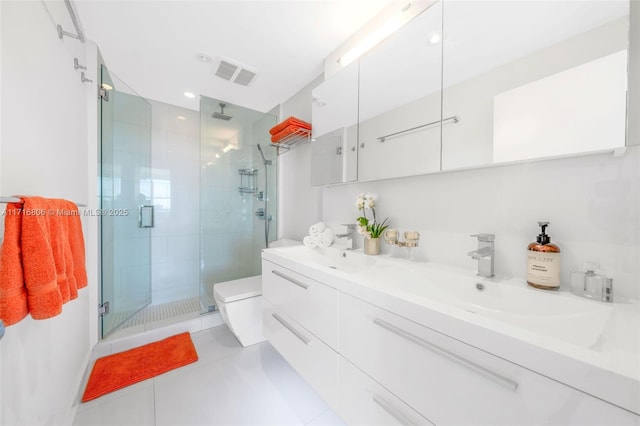 full bathroom with visible vents, toilet, tile patterned flooring, a shower stall, and a sink