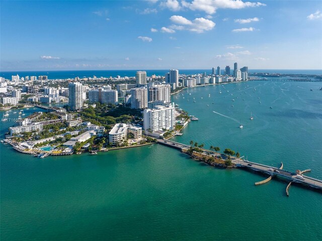 bird's eye view featuring a water view and a city view