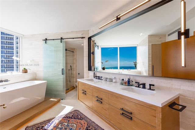 bathroom featuring vanity, tile walls, and plus walk in shower