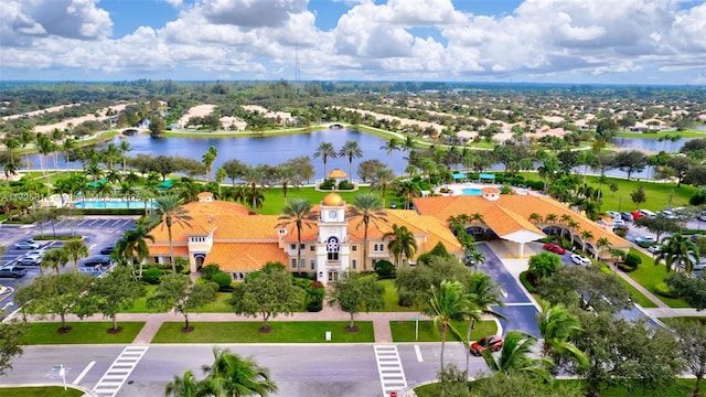 aerial view featuring a water view