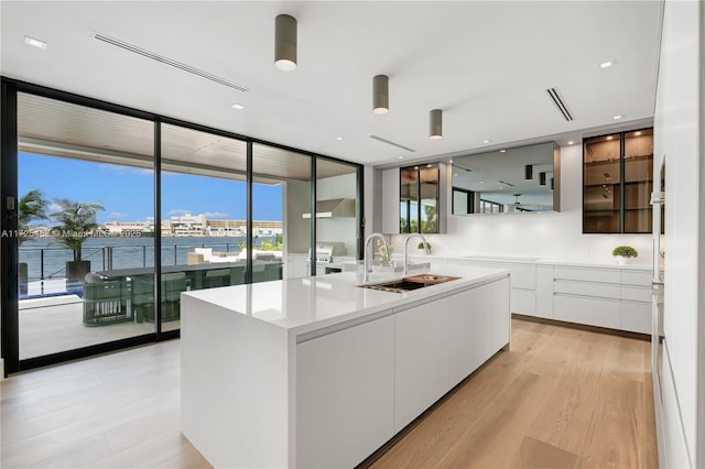 kitchen with a water view, light hardwood / wood-style flooring, an island with sink, expansive windows, and white cabinets