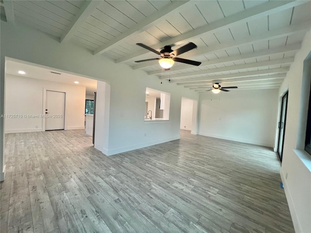 spare room with ceiling fan, sink, wooden ceiling, light hardwood / wood-style floors, and beamed ceiling