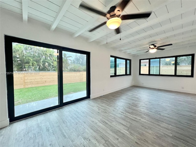 interior space with wood ceiling, plenty of natural light, ceiling fan, and beamed ceiling