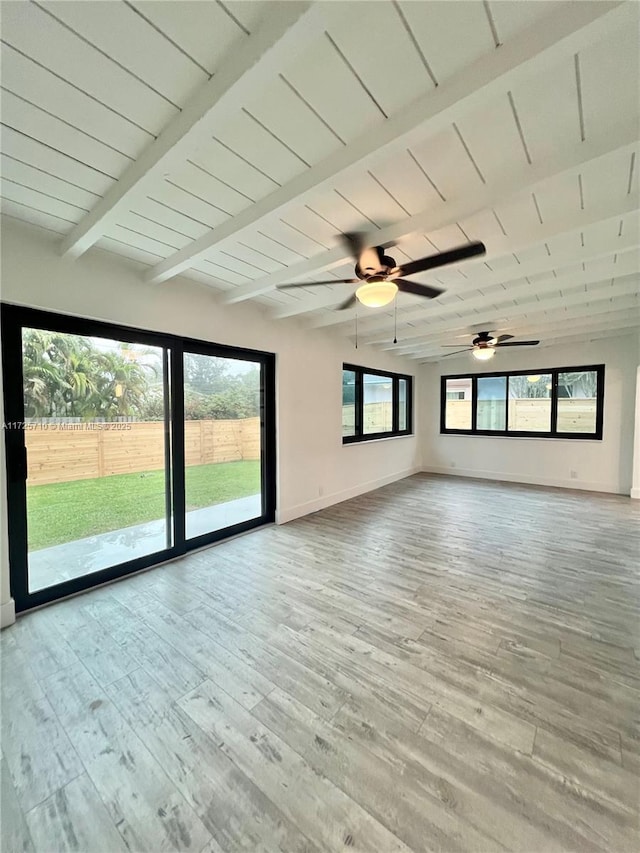 empty room featuring wooden ceiling, light hardwood / wood-style flooring, and beamed ceiling