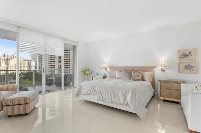 tiled bedroom with floor to ceiling windows, access to outside, and ornamental molding