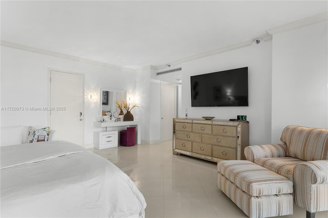 bedroom with light tile patterned floors and crown molding