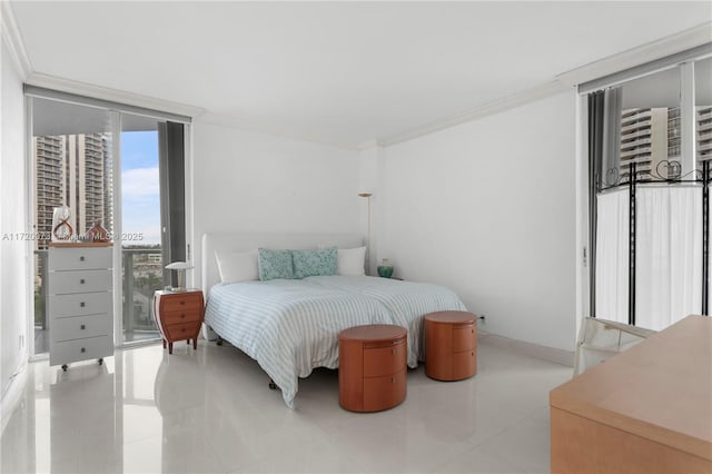 bedroom featuring ornamental molding, light tile patterned flooring, and expansive windows