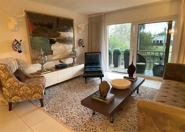 living area with tile patterned floors