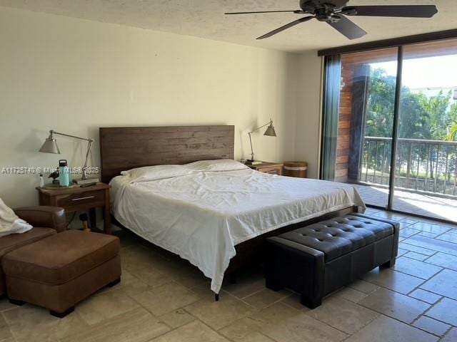 bedroom featuring access to outside, floor to ceiling windows, and ceiling fan