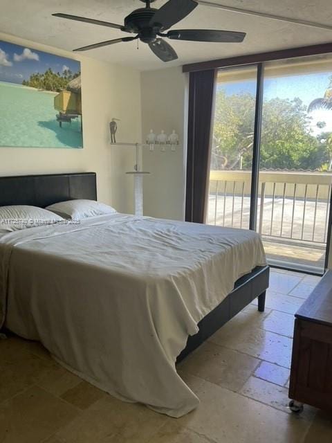 bedroom featuring ceiling fan and access to exterior