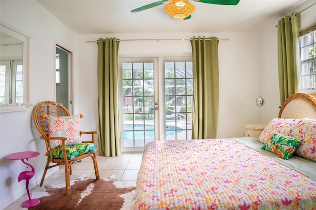 tiled bedroom featuring ceiling fan and access to outside