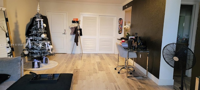 interior space featuring light hardwood / wood-style floors and crown molding