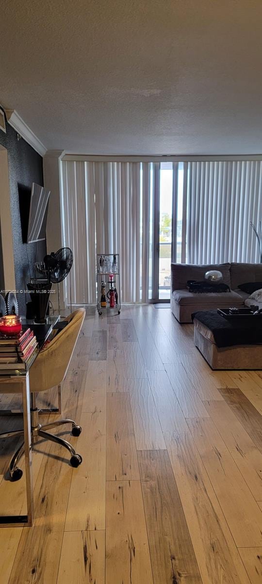 living room featuring a textured ceiling and wood-type flooring