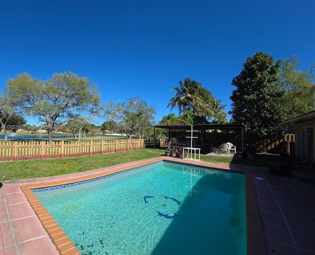 view of pool with a yard, a fenced backyard, and a fenced in pool