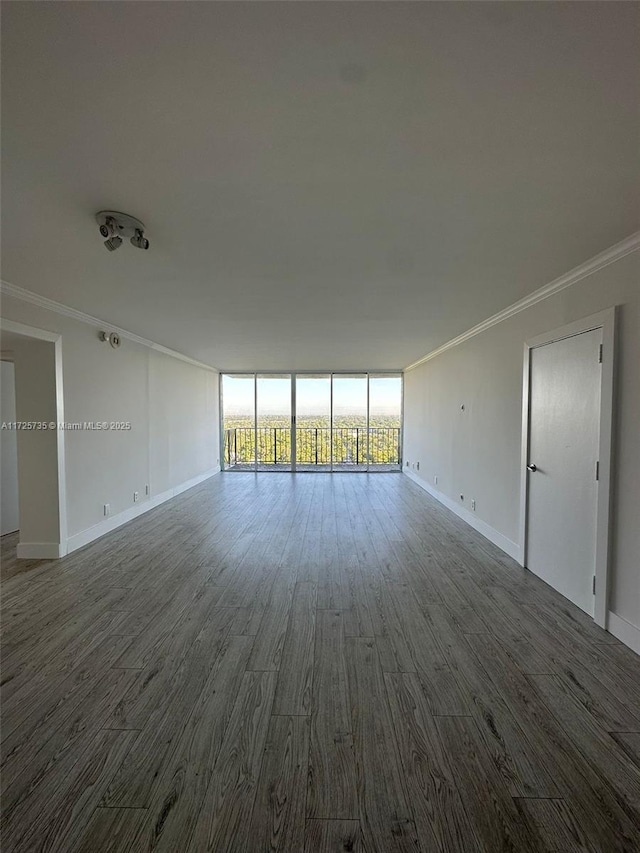 spare room with floor to ceiling windows, crown molding, and hardwood / wood-style floors