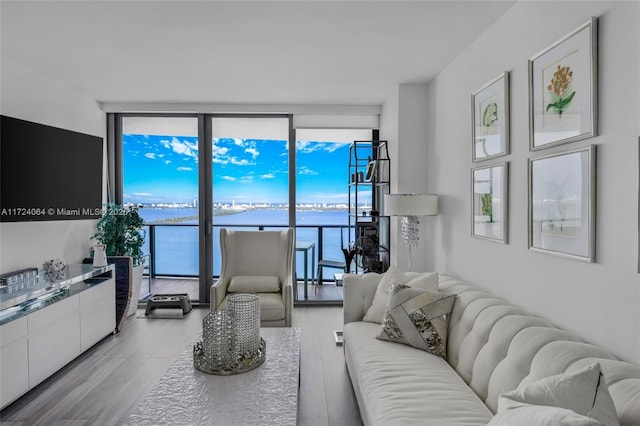 living room with a wall of windows, light hardwood / wood-style floors, and a water view