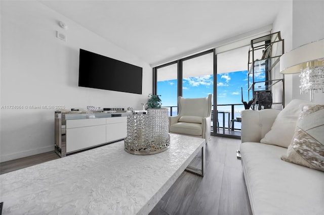 living room with expansive windows and hardwood / wood-style floors