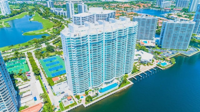 birds eye view of property featuring a water view