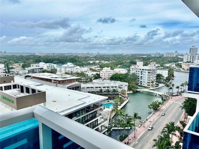 bird's eye view with a water view