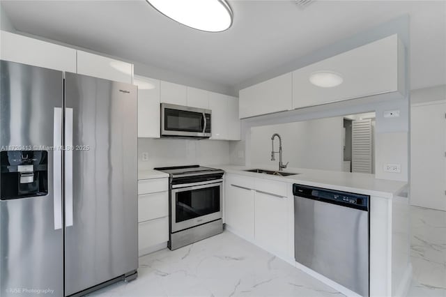 kitchen featuring kitchen peninsula, stainless steel appliances, white cabinetry, and sink