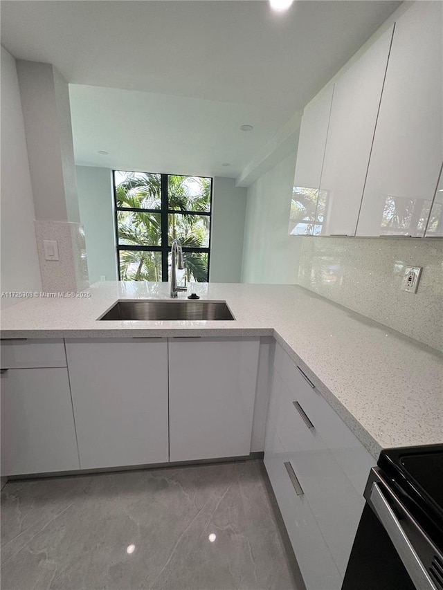 kitchen with sink, white cabinetry, tasteful backsplash, range with electric stovetop, and kitchen peninsula