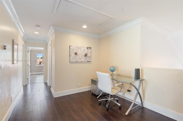 home office with ornamental molding and dark wood-type flooring