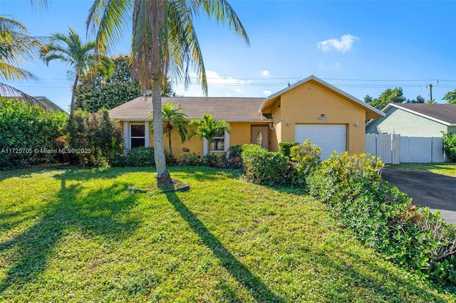 single story home with a front yard and a garage