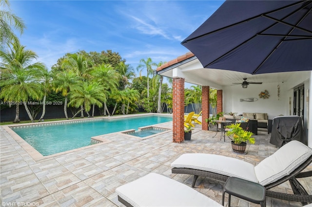 outdoor pool with a patio, an in ground hot tub, ceiling fan, and outdoor lounge area