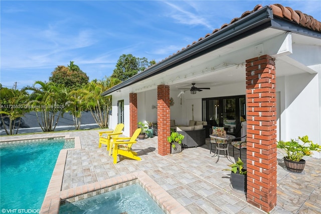 exterior space with a fenced in pool, ceiling fan, fence, an outdoor hangout area, and a patio area