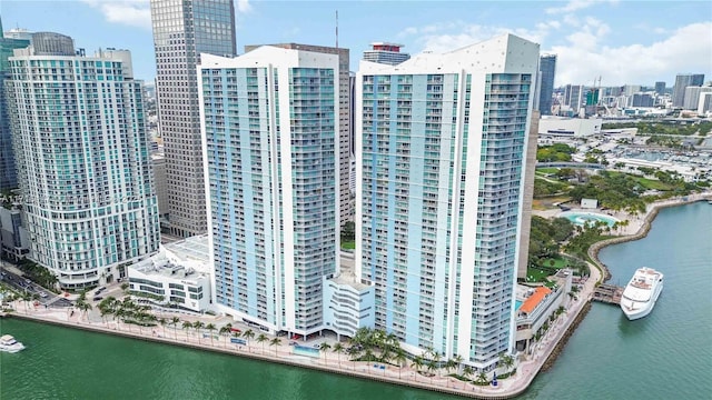 birds eye view of property featuring a water view