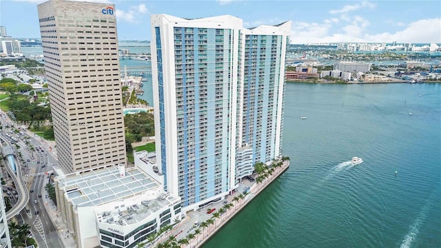 birds eye view of property featuring a water view