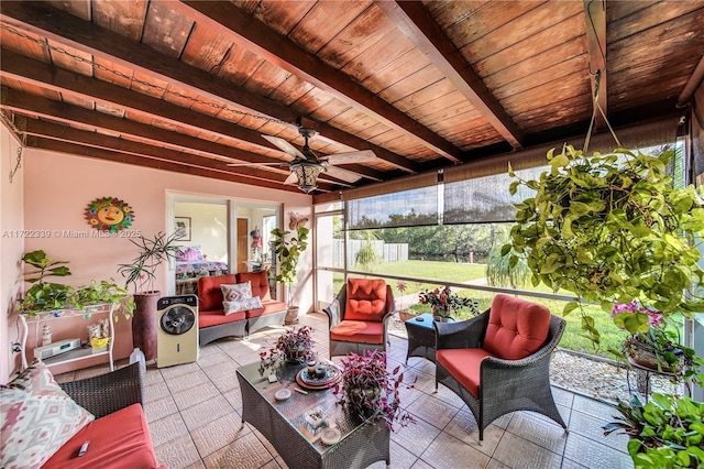 sunroom featuring wooden ceiling, ceiling fan, and beam ceiling