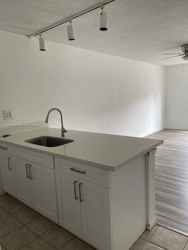 kitchen featuring white cabinets, rail lighting, ceiling fan, and sink